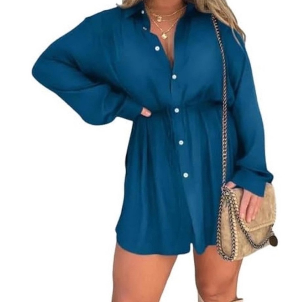 Blue Button Down Romper Dress with Built-in Shorts - M